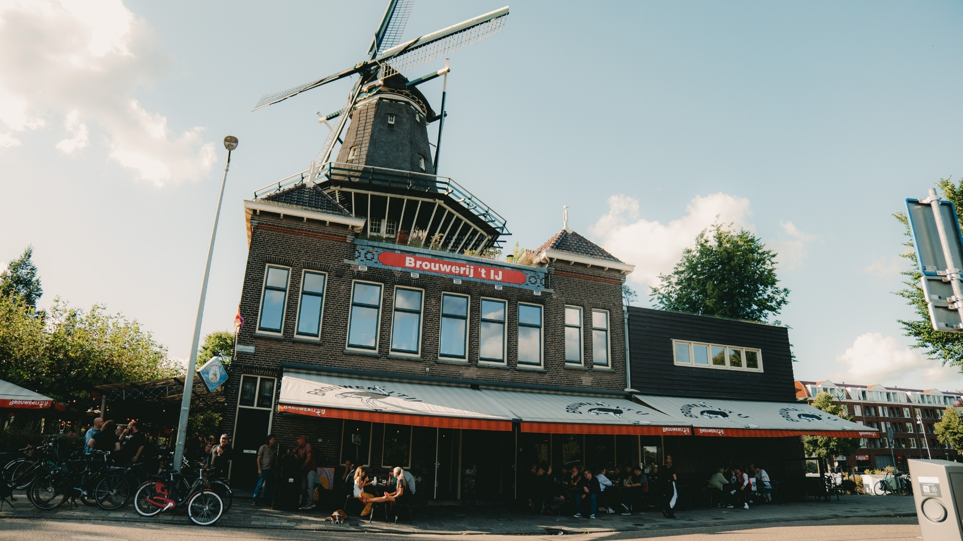 Brouwerij 't IJ's terrace beneath the De Gooyer windmill, Amsterdam
